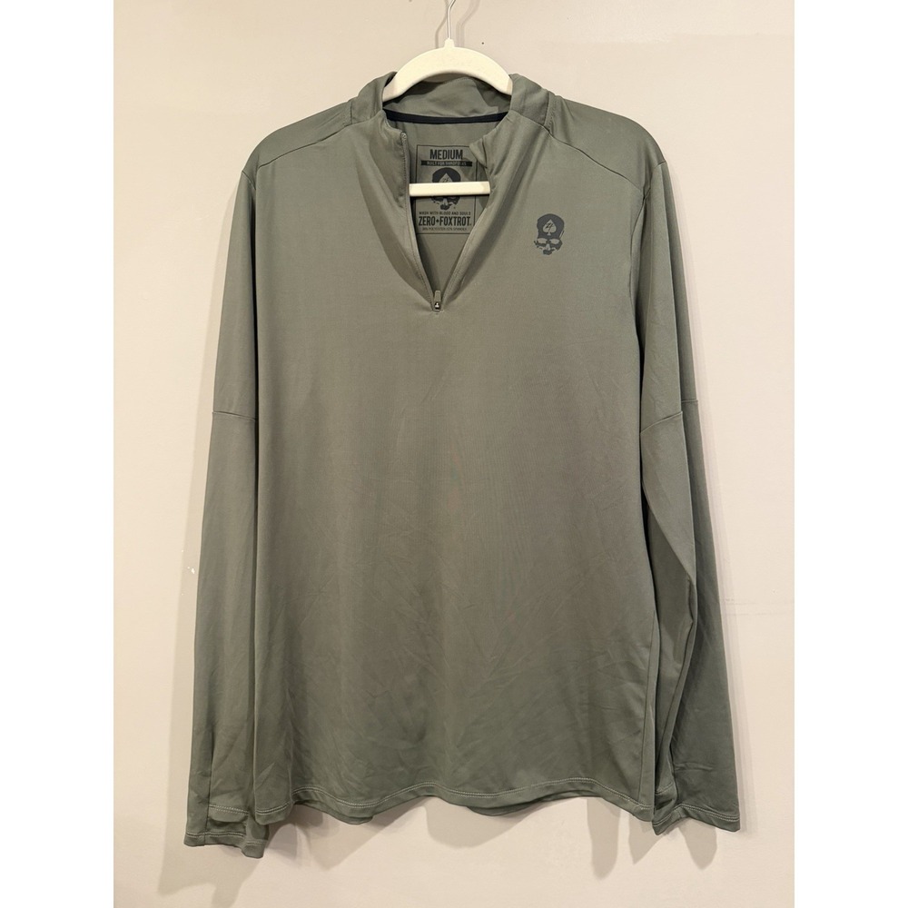 Zero Foxtrot Mens 1/4 Zip Performance Pullover Green Skull Logo Mediu Thumbholes
